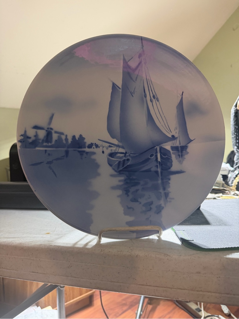 Vintage German Ceramic Wall Plate: Blue Dutch Windmill & Sailboat Motif